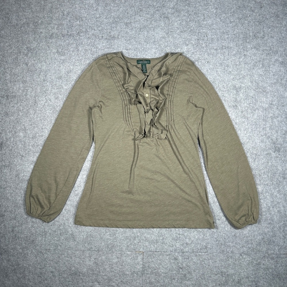 Lauren Ralph Lauren Jeans Co Top Womens Medium Green Ruffle Front Long Sleeve
